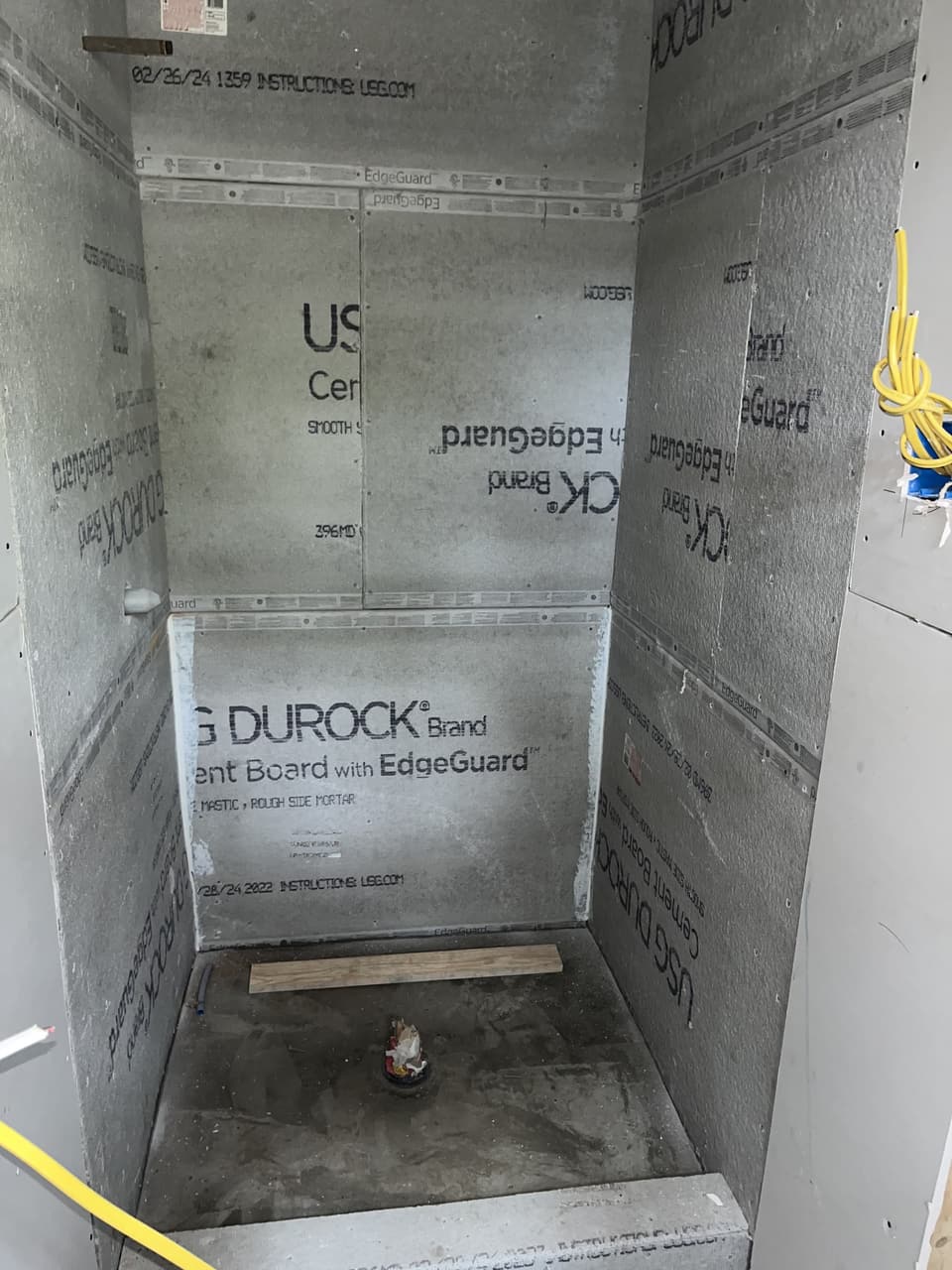 Shower stall framed with cement backer board, before tile